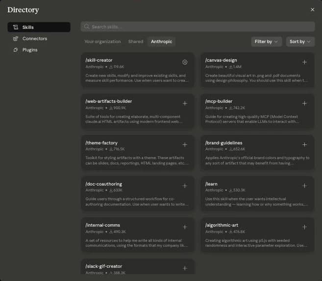 클로드 웹 설정의 스킬 디렉토리 화면. Anthropic 공식 스킬 목록으로 skill-creator, canvas-design, web-artifacts-builder, mcp-builder, theme-factory, brand-guidelines, doc-coauthoring, learn 등이 다운로드 수와 함께 카드로 나열돼 있다.