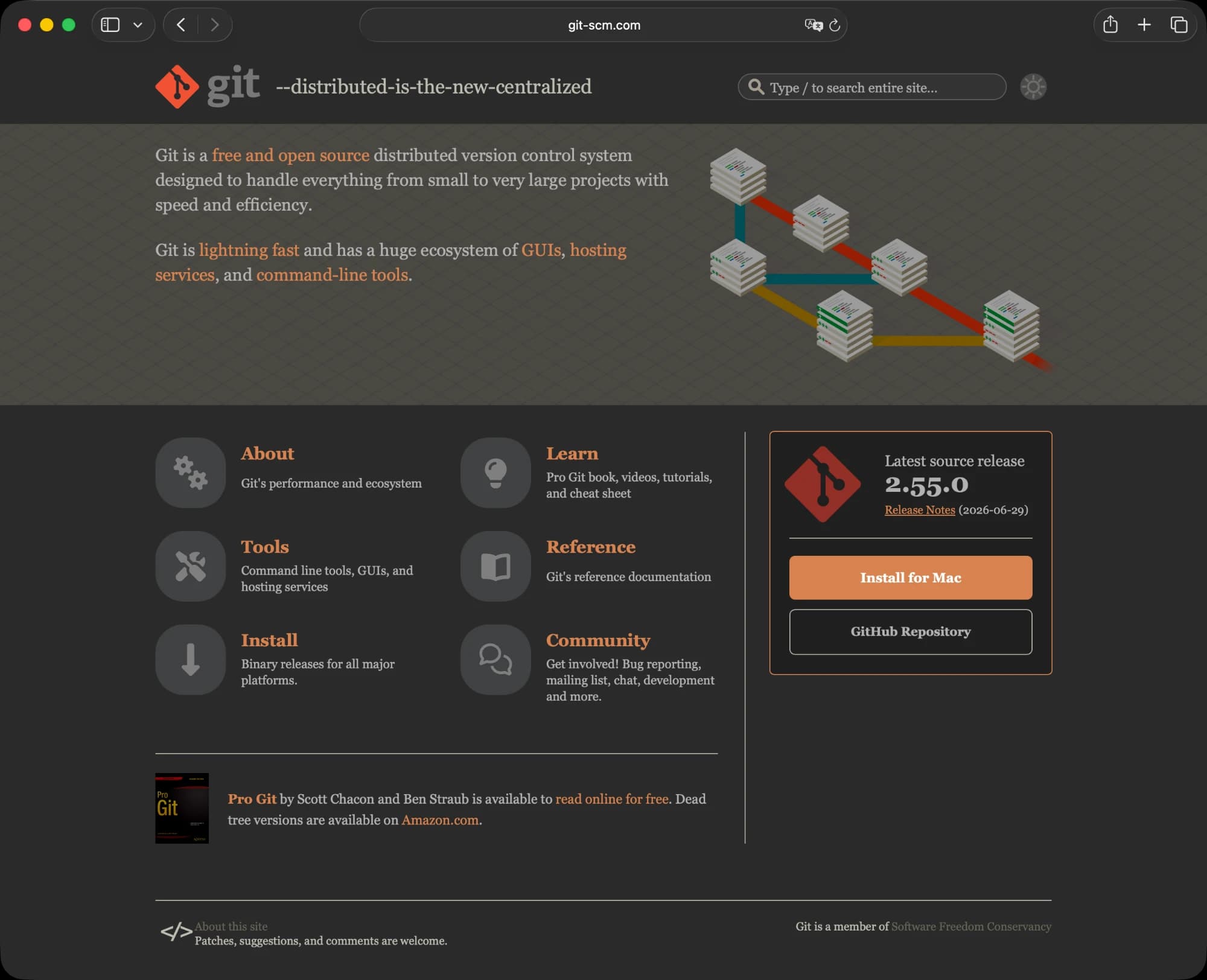 git 공식 사이트 git-scm.com 화면. 'Install for Mac' 다운로드 버튼과 최신 버전(2.55.0) 정보가 보인다.