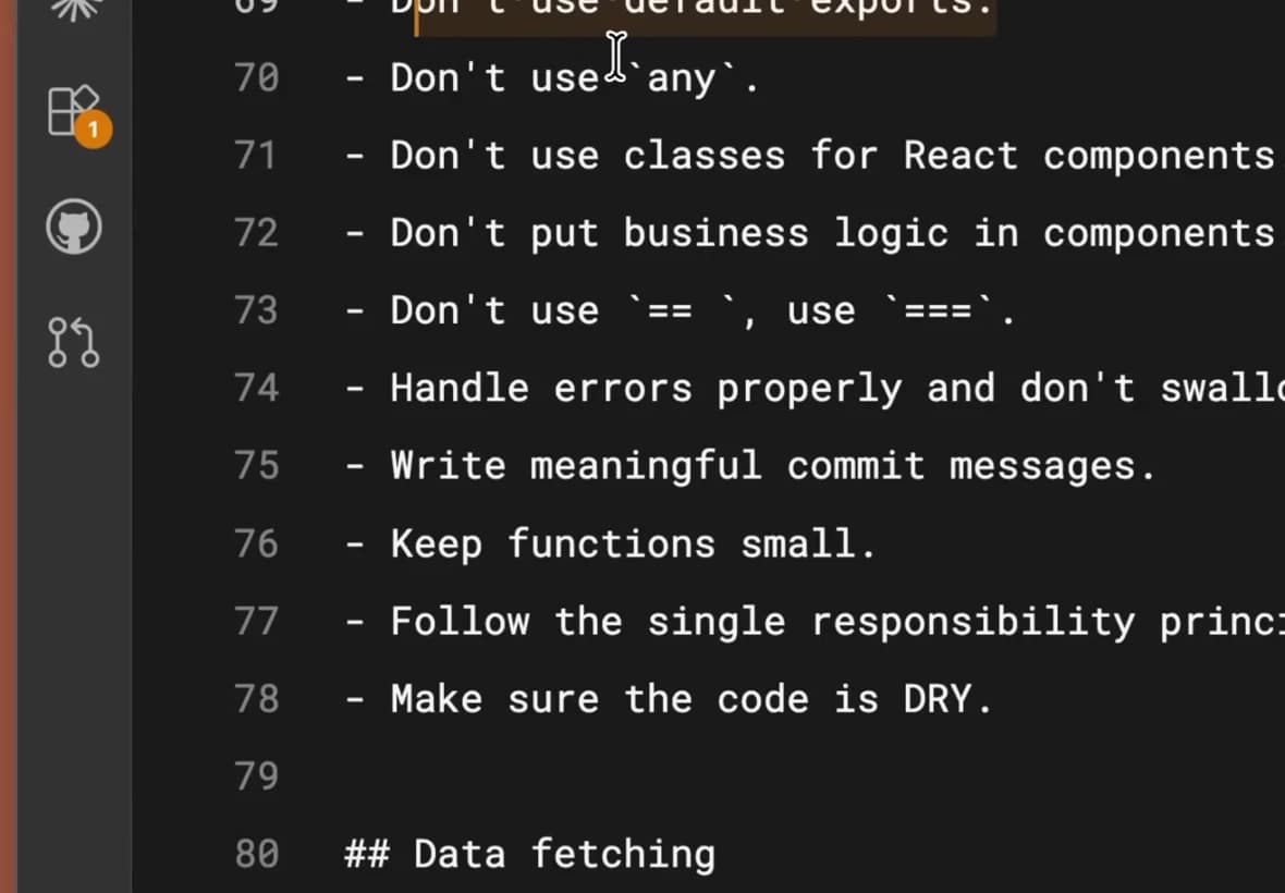 CLAUDE.md의 Conventions 목록 — 'Don't use default exports', 'Don't use any', 'Don't put business logic in components' 등 '~하지 마'로만 적힌 규칙들.