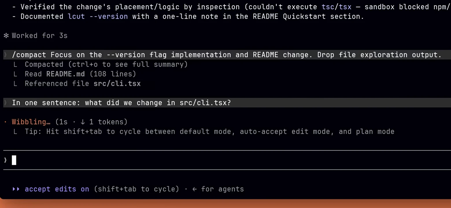 '/compact Focus on the --version flag implementation and README change. Drop file exploration output.'라고 입력해, 무엇을 남기고 버릴지 지시하며 대화를 압축하는 터미널 화면.