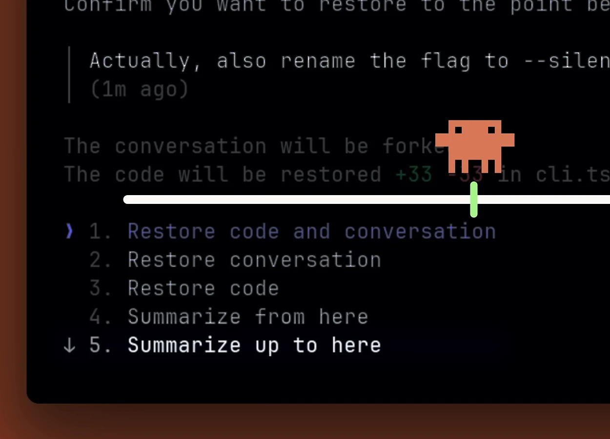 Rewind 메뉴 — 복원 시점 타임라인과 1. Restore code and conversation / 2. Restore conversation / 3. Restore code / 4. Summarize from here / 5. Summarize up to here 선택지가 보이는 화면.