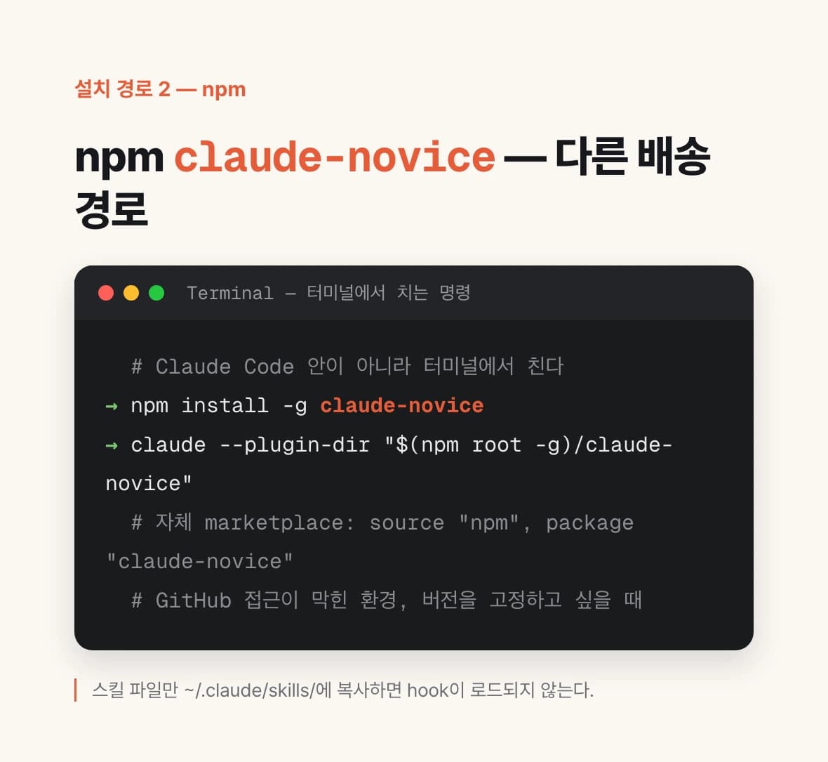 novice를 npm 패키지 claude-novice로 전역 설치한 뒤 claude --plugin-dir로 세션에 로드하는 터미널 명령과, 자체 marketplace의 source에 npm을 지정하는 방법을 보여 주는 도식.