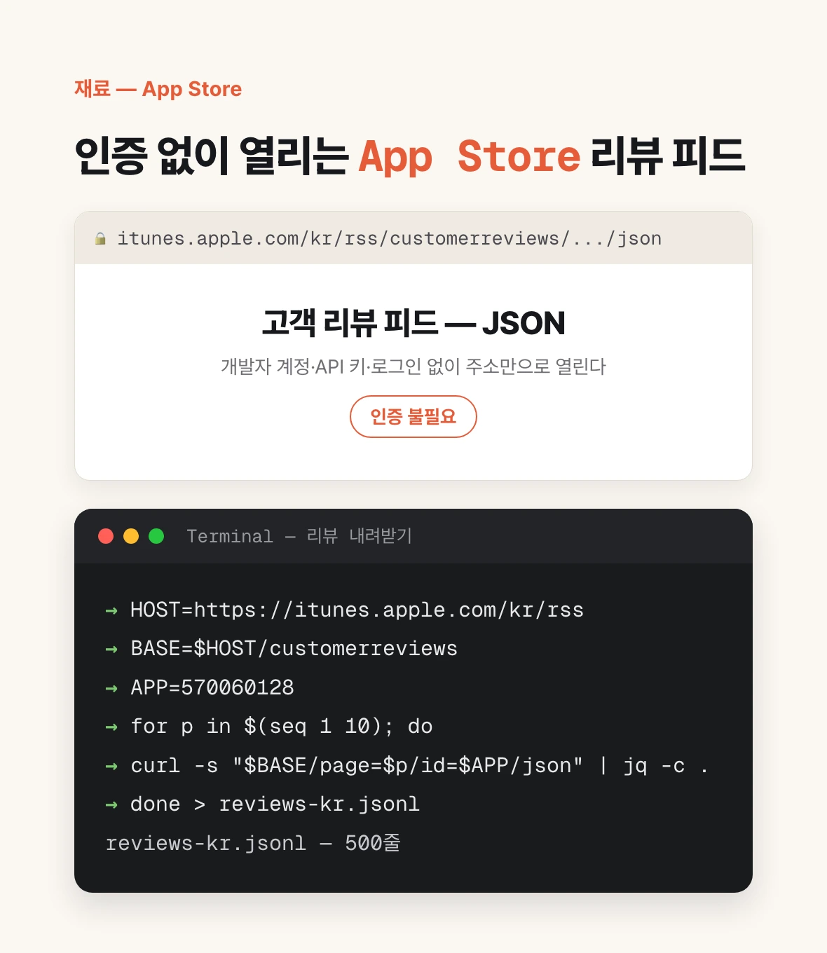 App Store 공개 리뷰 피드 주소창과, 페이지 1~10을 돌며 리뷰를 JSONL로 내려받는 curl 반복문을 터미널 목업으로 보여 준다.