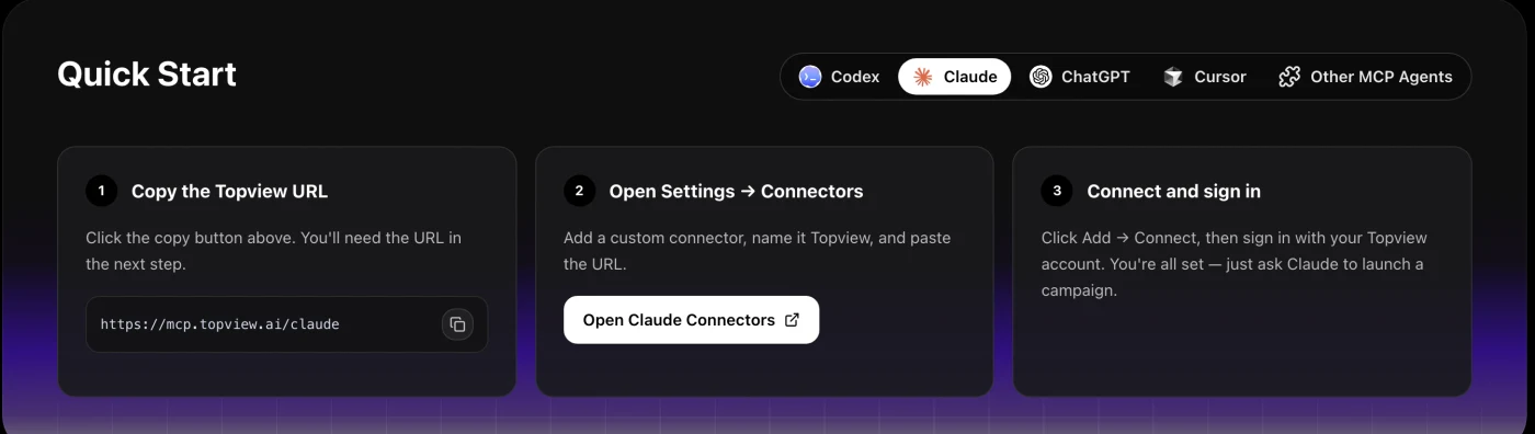 Topview MCP 공식 페이지의 Quick Start 화면. 클라이언트 탭이 Codex·Claude·ChatGPT·Cursor·Other MCP Agents로 나뉘고, Claude 탭에서는 주소가 https://mcp.topview.ai/claude 이며 설정의 커넥터에 커스텀 커넥터로 추가한 뒤 연결·로그인하는 3단계를 안내한다.