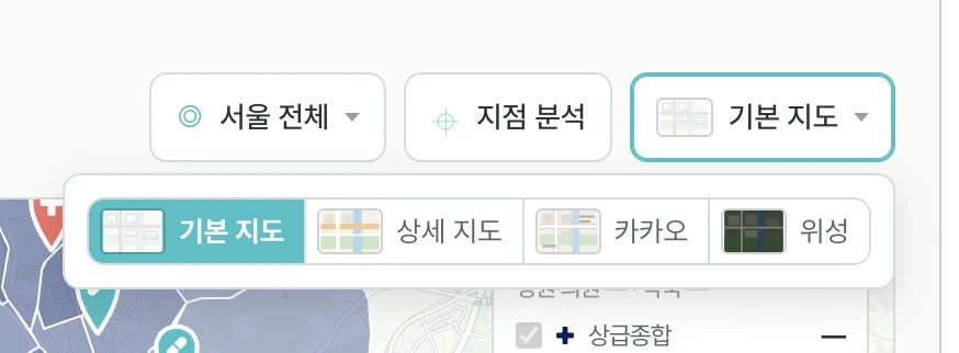 배경지도 버튼을 누르면 기본 지도·상세 지도·카카오·위성 네 가지가 각각 작은 미리보기 그림과 함께 한 줄로 펼쳐진다