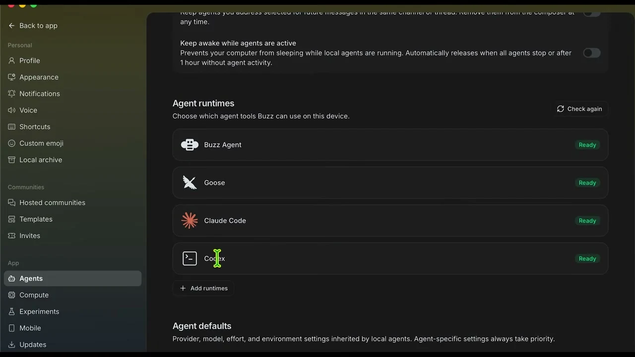 Buzz 설정의 Agent runtimes 화면. Buzz Agent·Goose·Claude Code·Codex가 모두 Ready로 표시돼 있고 아래에 'Add runtimes' 버튼과 'Check again' 버튼이 있다.