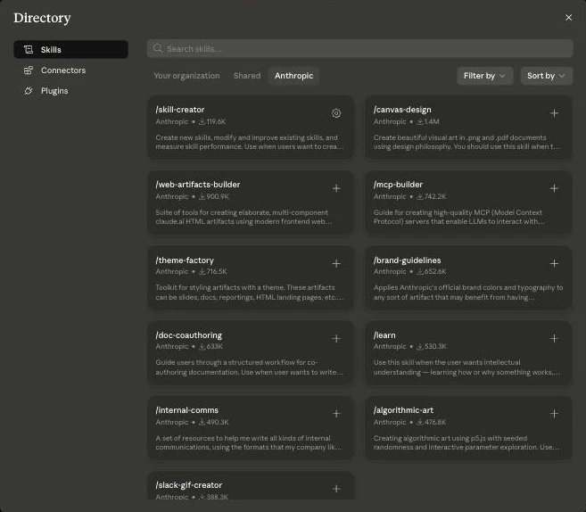 클로드 웹 설정의 스킬 디렉토리 화면. Anthropic 공식 스킬 목록으로 skill-creator, canvas-design, web-artifacts-builder, mcp-builder, theme-factory, brand-guidelines, doc-coauthoring, learn 등이 다운로드 수와 함께 카드로 나열돼 있다.