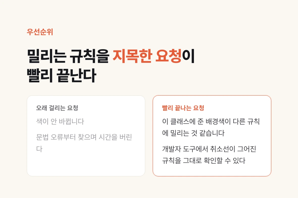스타일이 안 먹힐 때 에이전트에게 하는 두 가지 요청 문장을 좌우로 비교한 그림.