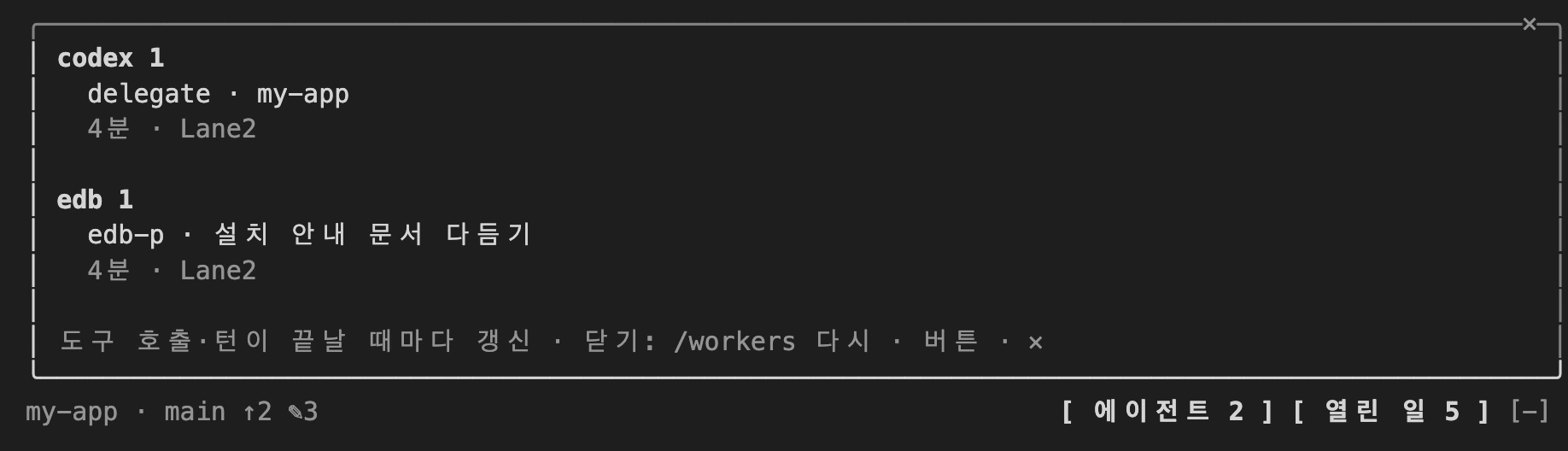 meta-status Agents panel — a terminal screen showing one codex run (delegate · my-app, 4 min, Lane2) and one delegated run on a second Claude account (polishing the install guide, 4 min, Lane2), grouped by account