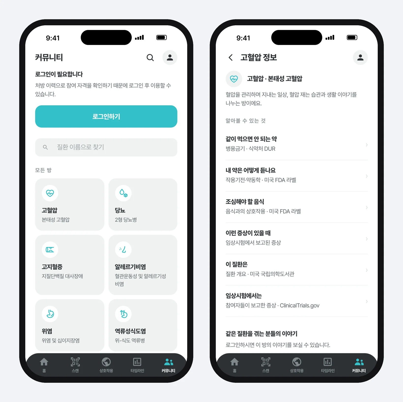 필첵 커뮤니티 화면 두 장 — 왼쪽은 「로그인이 필요합니다」 안내와 질환 방 검색칸, 고혈압·당뇨·고지혈증·알레르기비염·위염·역류성식도염 방 카드가 있는 방 목록, 오른쪽은 고혈압 방 소개 한 줄과 「알아볼 수 있는 것」 정보 여섯 가지, 「같은 질환을 겪는 분들의 이야기」가 있는 방 화면.