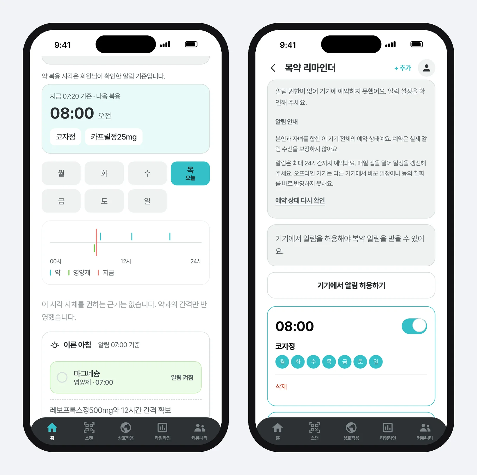 필첵 화면 두 장 — 왼쪽은 복약 시간표를 아래로 내린 화면으로, 다음 복용 08:00, 요일 버튼, 약·영양제·지금 시각이 표시된 하루 24시간 막대, 「이 시각 자체를 권하는 근거는 없습니다. 약과의 간격만 반영했습니다.」 문장, 「이른 아침 · 알림 07:00 기준」에 마그네슘(영양제 · 07:00, 알림 켜짐)과 「레보프록스정500mg와 12시간 간격 확보」가 보인다. 오른쪽은 복약 리마인더 화면으로, 「알림 권한이 없어 기기에 예약하지 못했어요」와 「알림은 최대 24시간까지 예약돼요. 매일 앱을 열어 일정을 갱신해 주세요」 안내, 「예약 상태 다시 확인」 링크, 「기기에서 알림 허용하기」 버튼, 08:00 코자정 알림 카드가 있다.