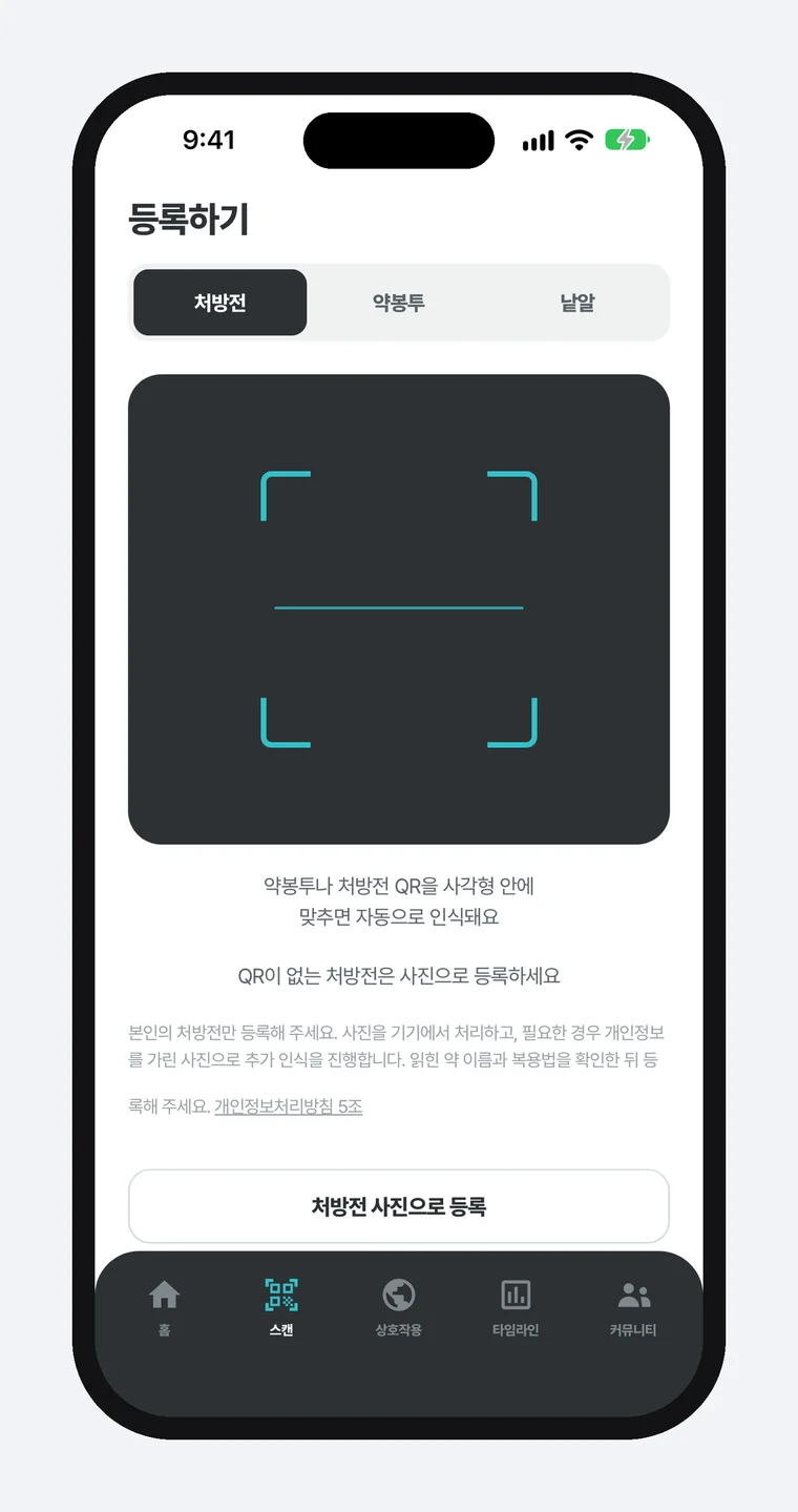 필첵 앱 등록하기 화면 — 위에 처방전·약봉투·낱알 탭, 가운데 QR을 맞추는 네모 틀이 있는 카메라 칸, 아래에 「본인의 처방전만 등록해 주세요. 사진을 기기에서 처리하고, 필요한 경우 개인정보를 가린 사진으로 추가 인식을 진행합니다. 읽힌 약 이름과 복용법을 확인한 뒤 등록해 주세요」 고지와 「처방전 사진으로 등록」 버튼, 맨 아래 홈·스캔·상호작용·타임라인·커뮤니티 메뉴