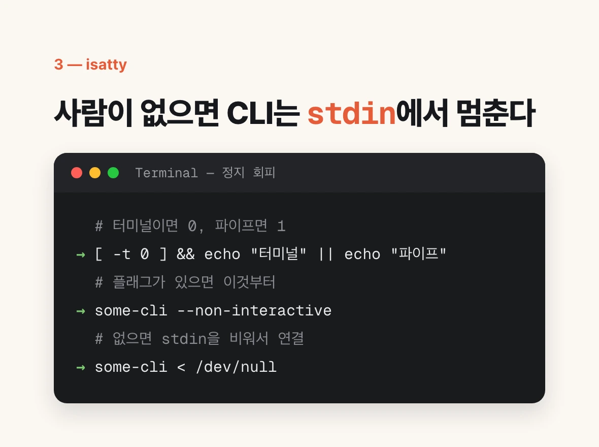 터미널 화면에 stdin이 터미널인지 확인하는 명령과, 멈춘 CLI에 빈 stdin을 연결하는 명령이 적혀 있다.